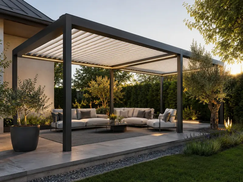 Terrasse extérieure aménagée avec pergola contemporaine.