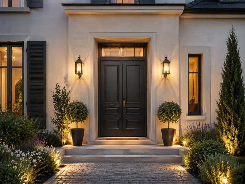 Entrée de maison moderne avec porte sécurisée et éclairage soigné.