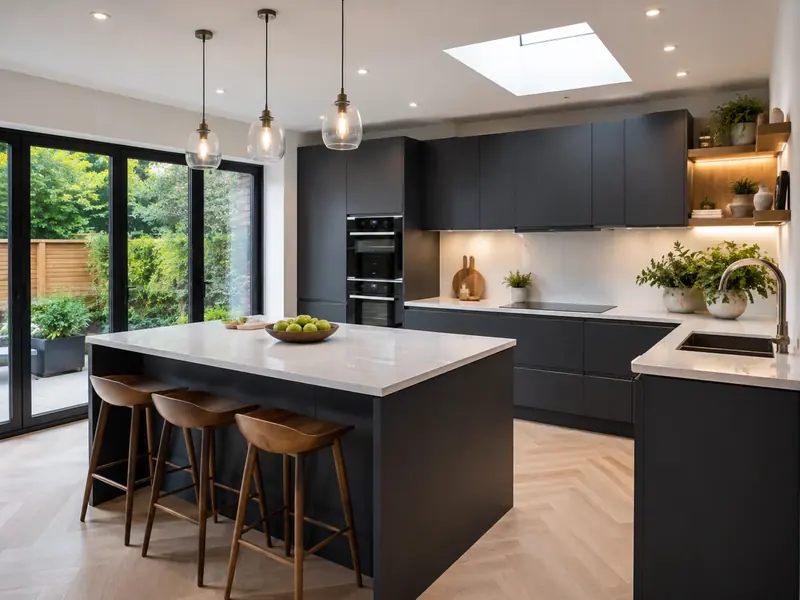 Cuisine contemporaine haut de gamme avec îlot central et lumière naturelle.